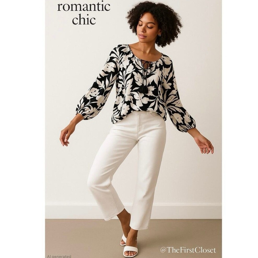 RS by Roselyn‎ Sánchez Blouse Woman's Medium Black & White Floral Peasant  Boho